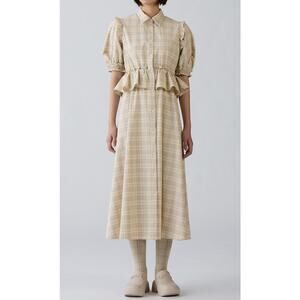 GU (Uniqlo) x Rokh Half Sleeve Shirt Dress in Beige Plaid Check